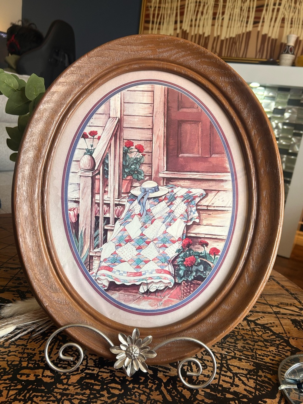 Vintage Homco Country Porch Oval Framed Art | 1980s Cottagecore Farmhouse Quilt